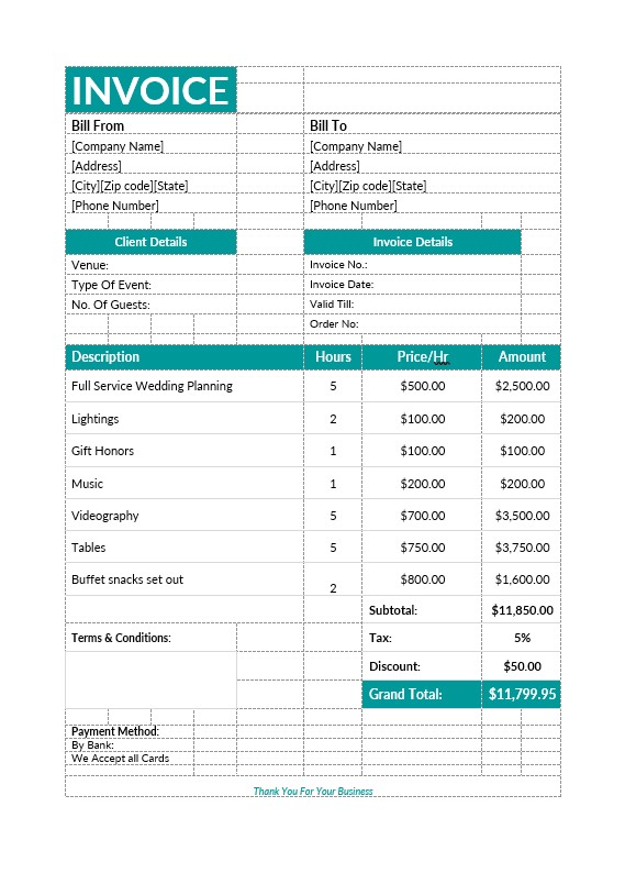 Event planning invoice PSD template